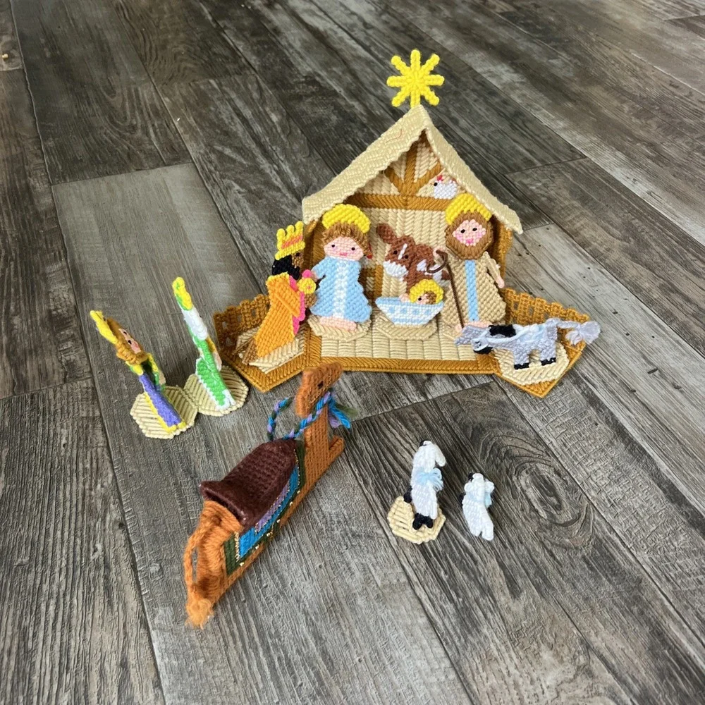 11 Piece Lot Handmade Needlepoint Plastic Canvas‎ Christmas Nativity Set Jesus